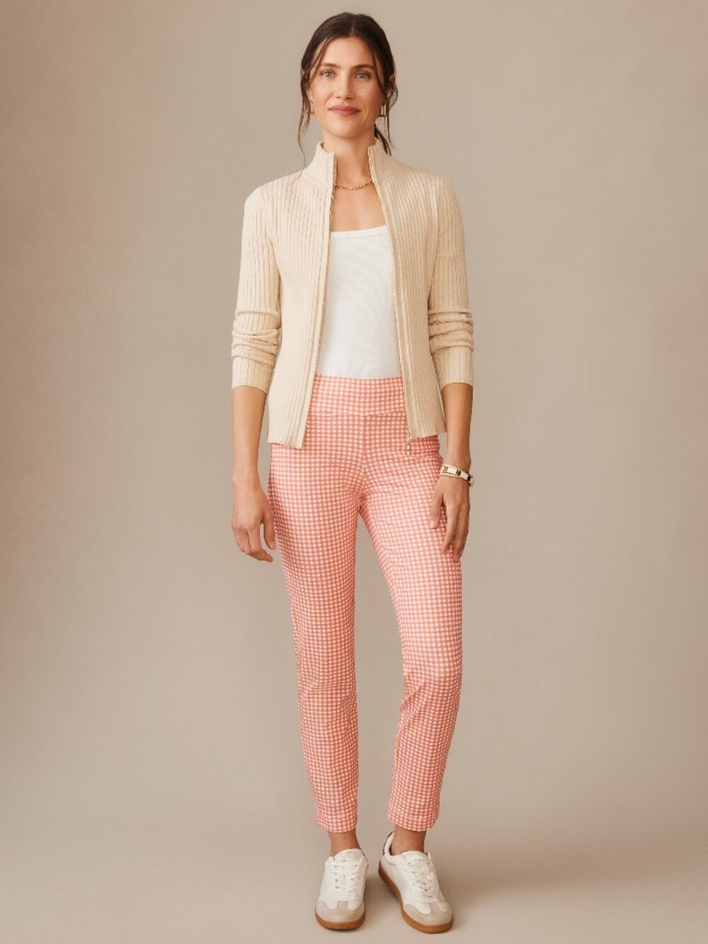 J McLaughlin Newport Capri Pants in Midi Cabana Gingham - White/Coral NEW